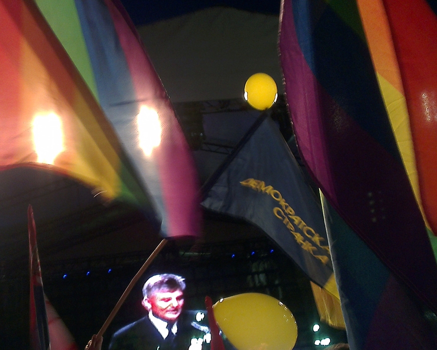 Rainbow flags at a rally of the Democratic Party